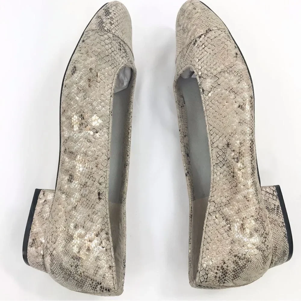 VANELi Tan Metallic Gold Snakeskin Leather Cap Toe Low Heel Classic Ballet Flats
